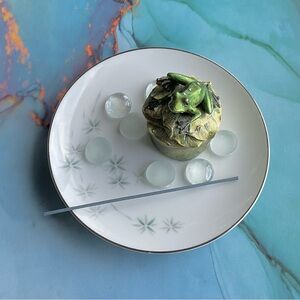 HANDCRAFTED INCENSE HOLDER BURNER FROG Made with vintage NORITAKE MIDORI dish